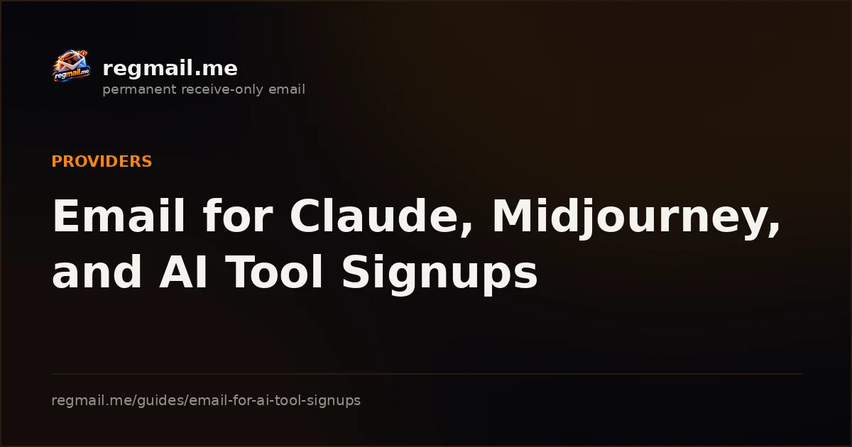 Cover card from regmail.me for the guide Email for Claude, Midjourney, and AI Tool Signups, white title text on a dark background beside the regmail.me logo