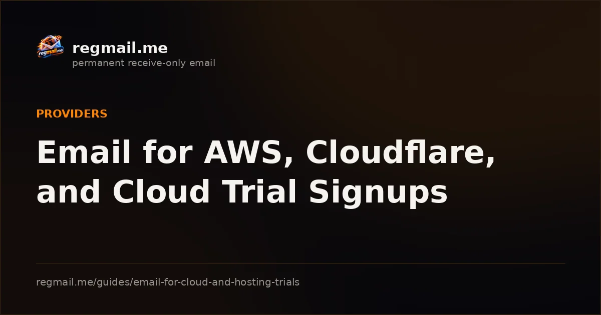 Cover card from regmail.me for the guide Email for AWS, Cloudflare, and Cloud Trial Signups, white title text on a dark background beside the regmail.me logo