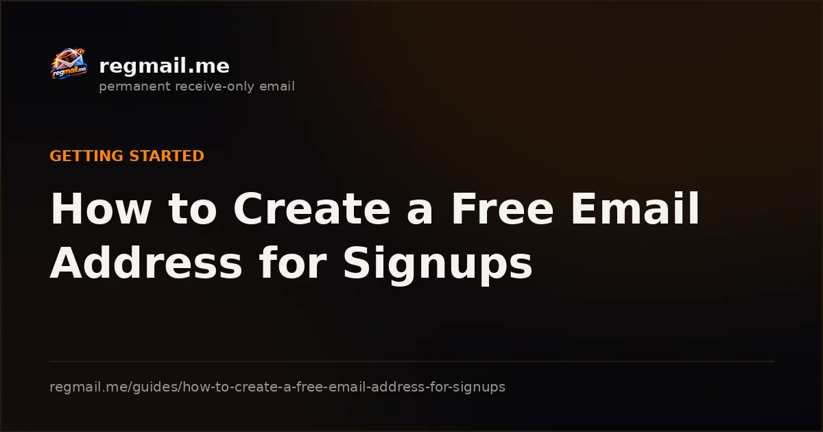 Cover card from regmail.me for the guide How to Create a Free Email Address for Signups, white title text on a dark background beside the regmail.me logo