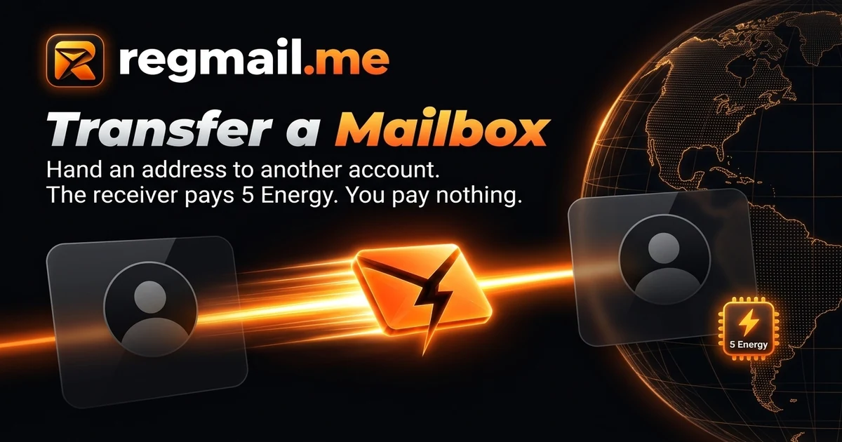 Cover image from regmail.me for the guide How to Transfer a Mailbox to Another Account, showing an orange envelope with a lightning bolt travelling on a light beam from one account card to another, with a 5 Energy chip, under the regmail.me logo