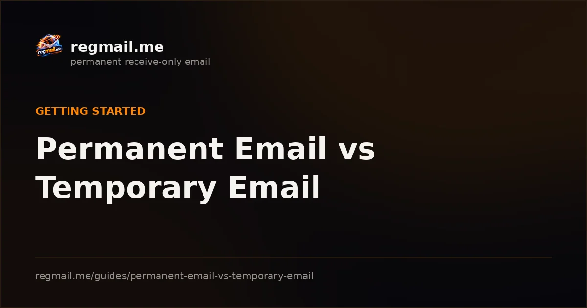Cover card from regmail.me for the guide Permanent Email vs Temporary Email, white title text on a dark background beside the regmail.me logo