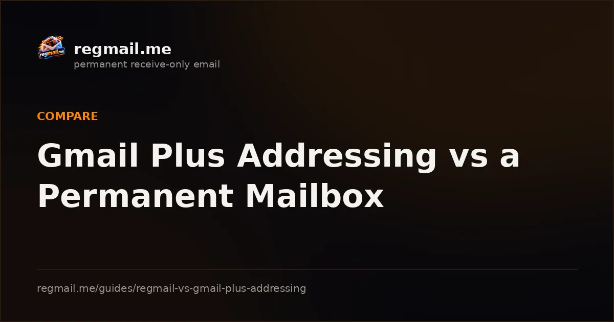 Cover card from regmail.me for the guide Gmail Plus Addressing vs a Permanent Mailbox, white title text on a dark background beside the regmail.me logo