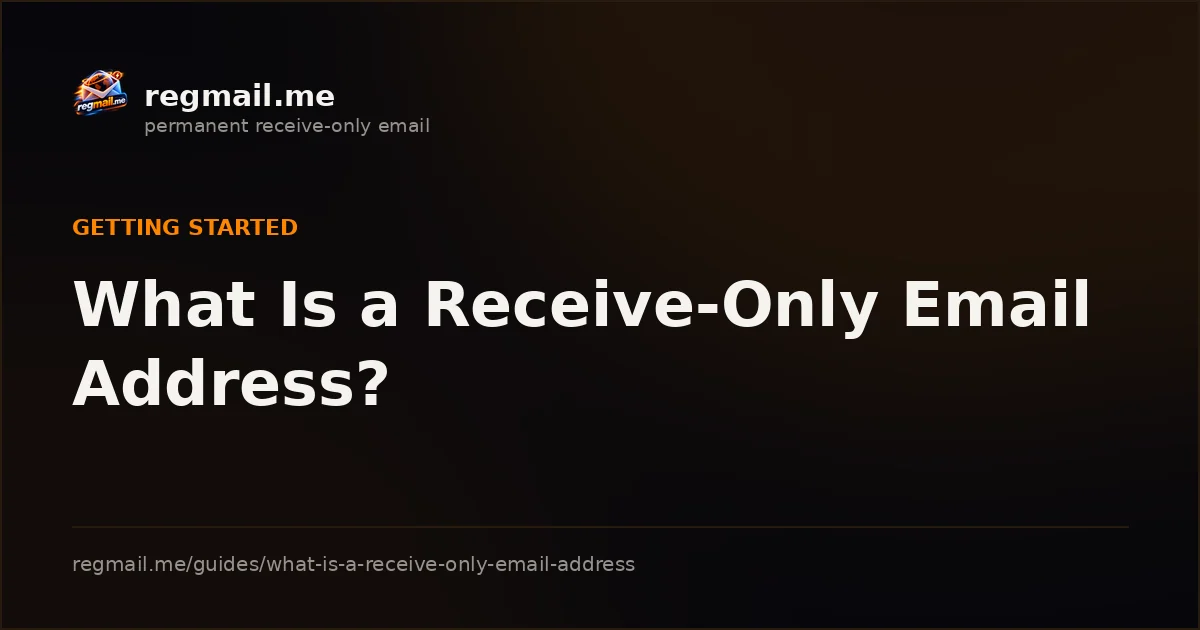 Cover card from regmail.me for the guide What Is a Receive-Only Email Address?, white title text on a dark background beside the regmail.me logo