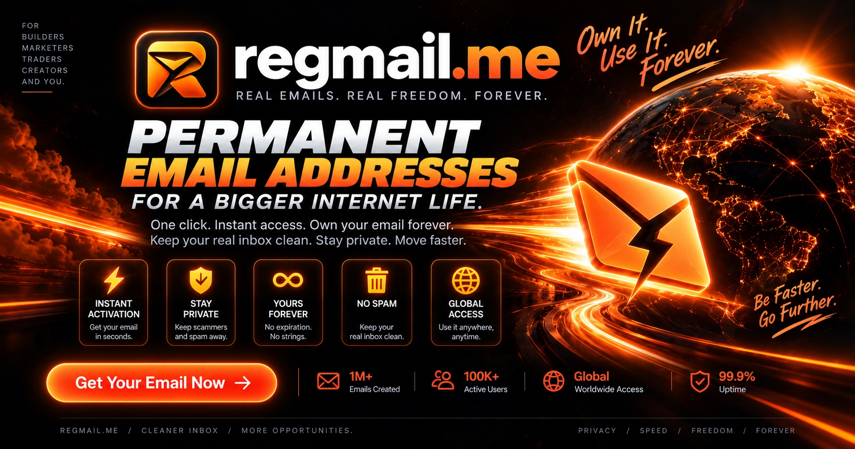 regmail.me banner for permanent receive-only email addresses, with the brand mark, a glowing envelope over a city-lit globe, and tiles for instant activation, privacy, no expiration, no spam, and global access